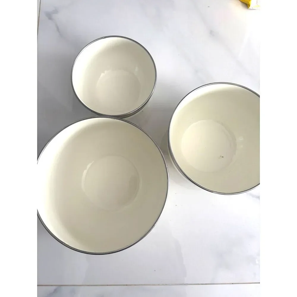 Vintage Pfaltzgraff Juniper Mixing Bowls Set of 3 Enamel Metal Green Mauve